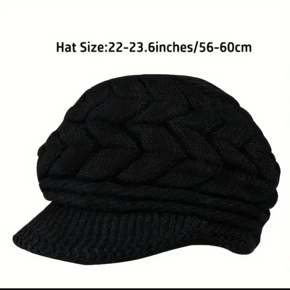 Winter Beanie With Brim, Solid Color Ribbed Knit Hat, Faux Fur Lining - Picture 7 of 9